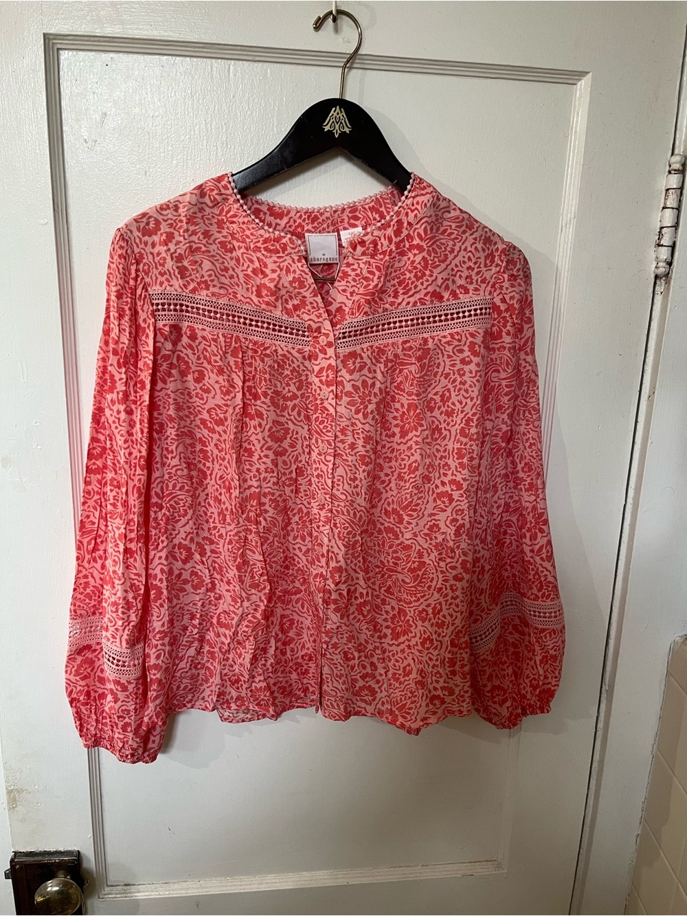 NEW Sharagano Pink Floral Boho Crochet Lace Accent Blouse Top Size L
